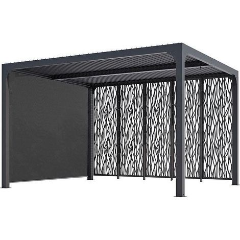 Habrita – Pergola bioclimatique aluminium gris anthracite – Panneaux moucharabieh en acier époxy – Rideau latéral manuel – Surface 10,80 m² – Lames orientables