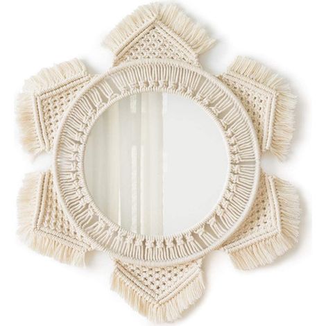 Miroir Rond - Franges Macramé en Coton - Décoration Murale Bohème pour Salon Chambre ou Nursery - 45 cm de Diamètre (1/5)