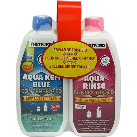 Liquide toilette chimique, Duopack, 0,78L Aqua Kem Blue Eucalyptus, 0,75L Aqua Rinse, nettoyant WC chimique