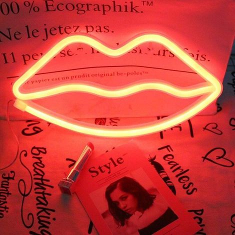 Lip Neon Sign, Red USB, 3-Pole AA Powered Neon LED Table Decoration, Girl's Bedroom Wall Decoration, Kids' Birthday Gift, Christmas Decoration, Halloween Party Supplies, Wedding Neon - Fei Yu (1/5)