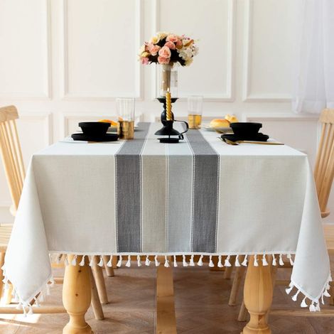 Nappe Rectangulaire Anti Tache Lavable Nappe de Table Coton Lin Nappe Brodé Gland Nappes pour Cuisine Table à Manger Décoration de Buffet (Rayure Grise Pompon, 140x200CM)