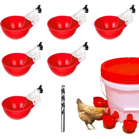 Ortviai Lot de 6 Abreuvoirs pour Poules Automatiques - Distributeur d'Eau pour Volaille par Gravité avec Foret de Perçage - Gobelets d'Eau Rouge Grand Format pour Poule, Canard, Oie, Dinde et Pigeon (1/5)