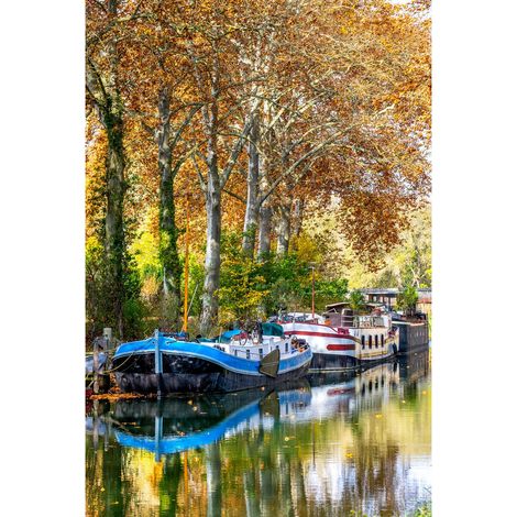 Tableau sur toile péniches canal du midi 30x45 cm - Impression sur Toile Murale Décorative - Image imprimée en HD sur Toile - Toile sur Châssis en Bois FSC - Fabriqué en France (1/4)