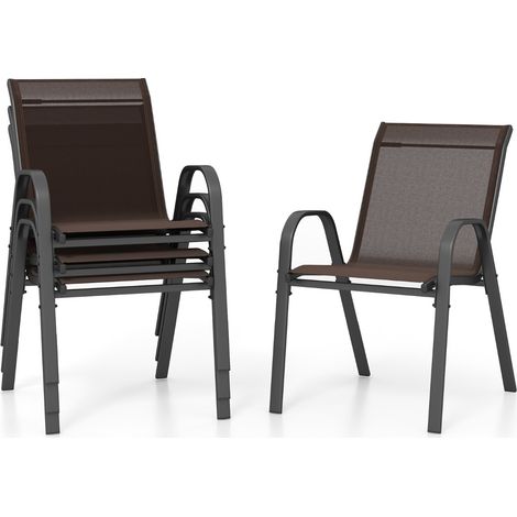 Set di 4 sedie da patio impilabili in metallo con braccioli, Sedie da pranzo in tessuto traspirante Marrone (1/5)