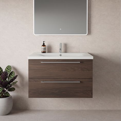 Napoli 460 Brown Oak 800mm Wall Mounted 2 Drawer Vanity Unit with Glide Basin - 800mm - Chrome 480mm Handle