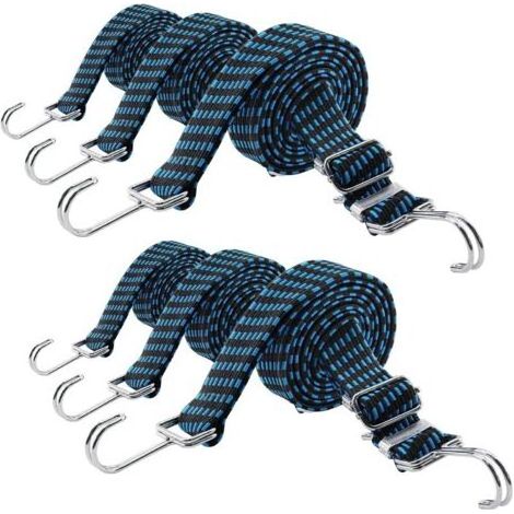 Set of 6 Elastic Bungee Cord with Hooks, 50 cm, 100 cm, 200 cm Adjustable Elastic Bungee Cord, Luggage Bungee Cord, Flat Bungee Cord, for Bicycles, Motorcycles, Camping (Blue) (1/5)