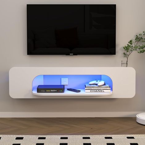 LED Meuble TV Suspendu, Etagere TV Murale, Meuble TV Suspendu Bois Etagere avec 1 Etagere Ouvertes, Murale Flottante TV Meuble Etagere TV Support, Meuble TV Flottant (121cm, Blanc) (1/5)