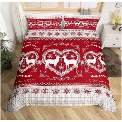 Housse de Couette - 140x200 cm - Motif Noël Renne et Flocon de Neige - Parure de Lit avec 2 Taies d'Oreiller 65x65 cm (1/5)