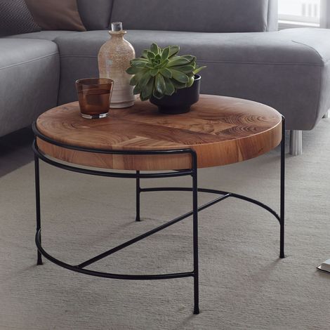 Table basse ronde 62x40 cm en bois de sheesham et métal marron et noir (1/5)