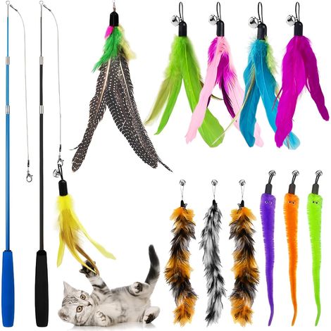 Lot de 14 Jouet à Plumes pour Chats, Interactifs pour Chats avec 2 Baguette et 12 Plumes et vers pour Chatons et Chats d'intérieur Jouets d'exercice et d'amusement (1/5)