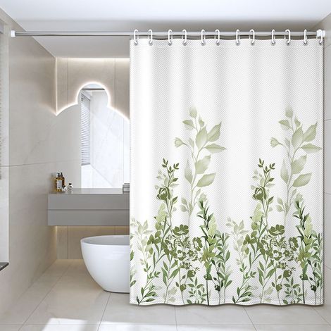 Rideau de Douche 180x180cm, Rideau Douche Tissu Polyester Imperméable Lavable en Machine avec Ourlet Inférieur Lesté et 12 Crochets pour Salle de Bain, Fleurs Vert (1/5)