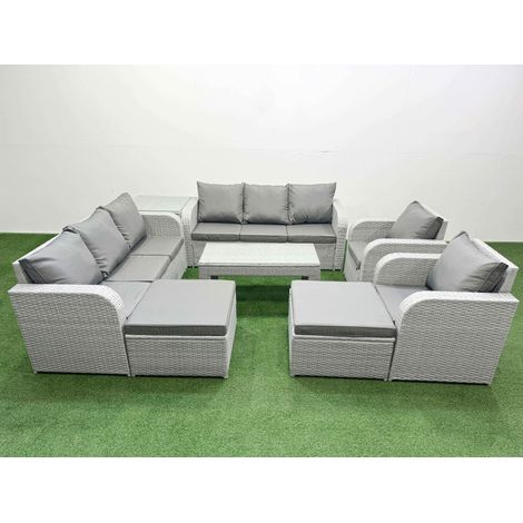 Fimous PE Rattan High Back Lounge Sofa Set Patio Oblong Coffee Table & Chairs Set with 3 Seater Sofa Reclining Chair 2 Big Footstool Side Table Light Grey (1/4)