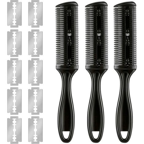 3 Peignes à Lame Rasoir Double Face avec 10 Lames en Acier Inoxydable pour Coupe de Cheveux