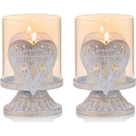 Lot de 2 Bougeoirs Chandelier en Blanc Métal Supports pour Bougies Piliers(Cœur), Bougeoirs en Détresse de L'ouragan Préfèrent Pièces pour Décoration de Cheminée de Manteau de Table de Noël, Blanc (1/4)