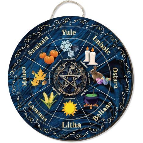 Panneau mural en bois représentant la Roue de l'Année, 30 cm, symbole du sabbat nordique, rune païenne sculptée, panneau en bois sculpté, fêtes wiccanes, calendrier wiccan, décoration céleste, panneau (1/5)