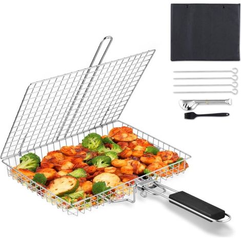 Cesta para asar pescado, parrilla de acero inoxidable con bolsa de almacenamiento y cepillo, plegable y portátil, parrilla con mango extraíble para verduras, filetes, camarones y costillas. (1/5)