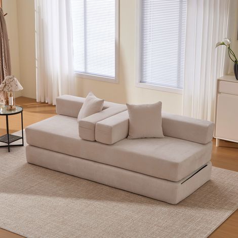 Divano modulare 198x79x60 cm con tasche laterali, base antiscivolo, chenille, beige (1/5)