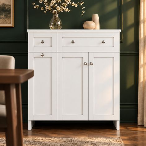 MODFU – Mobile lavabo con piedini 76x47x86 cm in MDF e ceramica con 3 cassetti, vano contenitore, lavabo, portata 25 kg e 2 colli – Bianco laccato (1/5)