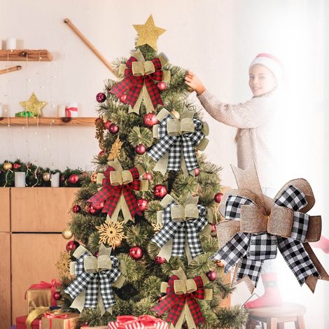 Ribbon Bow - Plaid Christmas Bow - 24 x 33 cm - For Tree Topper Wreath Door Wall Decoration - 1 Piece (1/3)