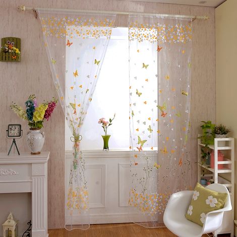 Voile Vintage Brodé Papillon Jaune Vert Rideau Fenêtre 100x200cm Panneau Léger Tulle Imprimé (1/3)
