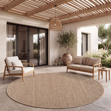 Paco Home Alfombra Cocina Exterior Terraza Jardin Se Puede Lavar En La Lavadora Moteado Marron Beige Ø 160 cm redon