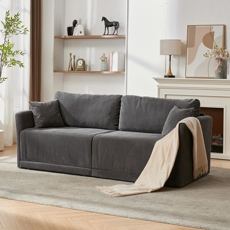 Sofá cama convertible de tela gris, 2 plazas, con reposabrazos de madera y estructura metálica (1/5)