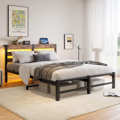 Lit 140x190 cm avec cadre métallique, led intégrées, ports usb et rangements, sans matelas (1/5)