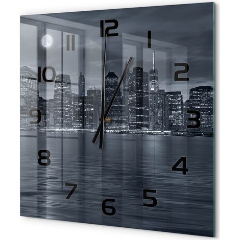 Grande Horloge Murale Carrée Design Moderne en Verre Trempé Silencieuse pour Salon New York la nuit 60x60 cm (1/5)