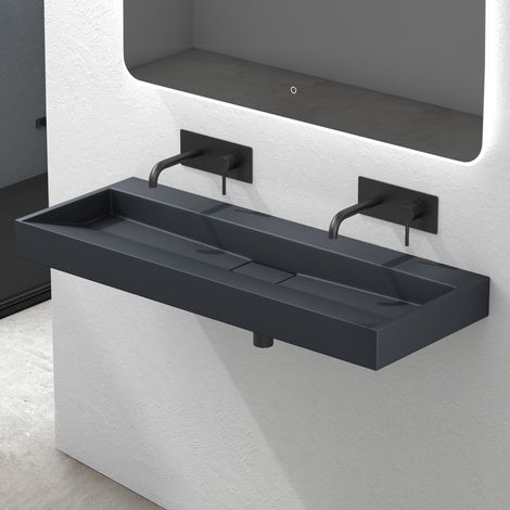 Mai & Mai Lavabo da Appoggio 120x46x11cm, Lavabo Bagno Sospeso Lavandino Bagno con Piletta di Scarico Colossum19 Lavabo da Minerale fuso, senza Foro per Rubinetteria, Antracite Opaco