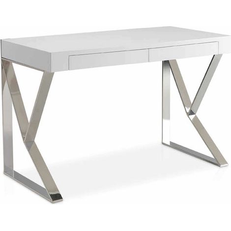 Bureau bois laqué avec pieds acier inoxydable. - Blanc (1/5)