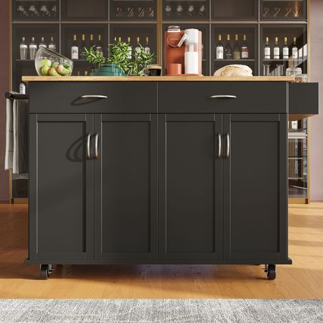 Mesa auxiliar de cocina negra con veta de madera y espacio de almacenamiento, 106x50x90.5 cm (1/5)