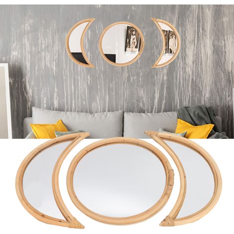 Ensemble de trois miroirs en rotin sur le thème de la lune, avec un miroir mural à suspendre représentant une éclipse lunaire. (1/5)