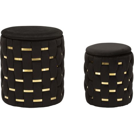 Set 2 pouf contenitore Shanty in velluto nero con fascia dorata Ø37x42 e Ø28x35 cm