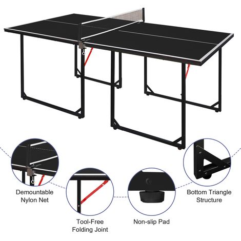 Table de ping-pong de taille moyenne (182 cm / 6 pieds), pliable et portable, idéale pour jouer en intérieur et en extérieur. Comprend un filet, 2 raquettes et 3 balles. Table et pieds noirs. (1/4)