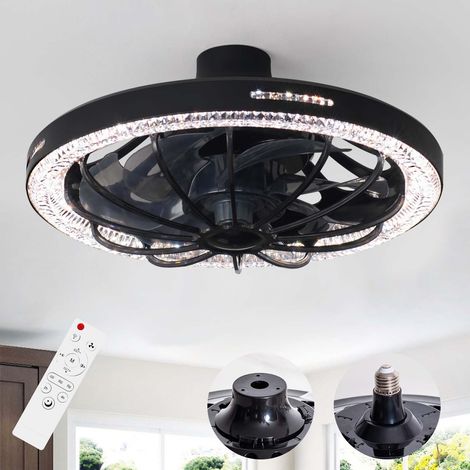 Ventilateur de plafond à LED simple, ventilateur moderne enfichable, couvercle en cristal noir, 30 W, 220V, douille E27, sans base