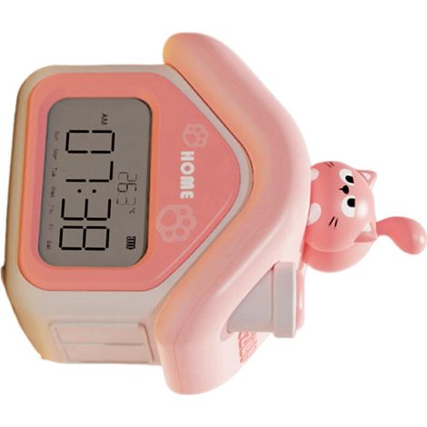 Réveil numérique, veilleuse de chevet en forme de maison, 3 alarmes, rechargeable, avec affichage de la température, convient aux chambres et aux salons, rose. (1/5)