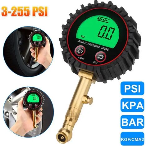 (noir) Manomètre de pression des pneus pour véhicules, 3-255 PSI, écran LCD rétroéclairé, manomètre numérique, compatible avec voitures, camions et motos (1/5)