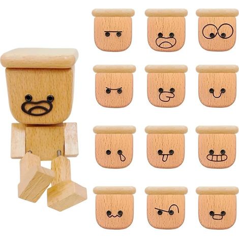 Figura de hombre de madera tembloroso, muñeco de madera con 12 expresiones magnéticas para decoración de salpicadero de coche y oficina. (1/5)