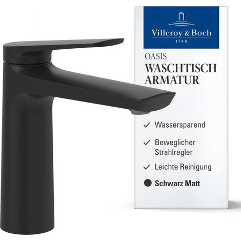 Villeroy & Boch Oasis Waschtischarmatur ohne Zugstange, Wasserhahn Bad mit Keramikkartusche, Waschbeckenarmatur wassersparend, Auslauf Höhe 114mm, rund, Matt Black (1/5)
