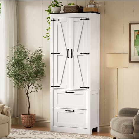Buffet haut de cuisine 60x30x168 cm, 2 portes, 2 tiroirs, étagères réglables, style campagne, MDF blanc (1/5)