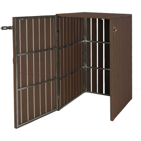 XL 1er-/2er-WPC-Mülltonnenverkleidung HHG-978, Mülltonnenbox, Metall Holzoptik, erweiterbar braun