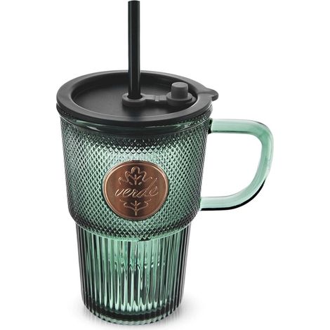 Green Glass Mug with Lid & Silicone Straw, 450ml (1/5)