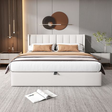 Lit double 140x190 cm - PU blanc - Éclairage LED - Port USB - Tête de lit réglable (1/5)