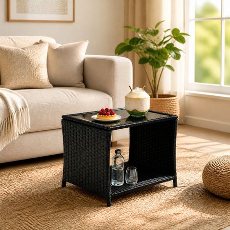 Table de jardin d'appoint en polyrotin noir avec rangement, 45 x 45 x 40 cm HAVRYA (1/5)