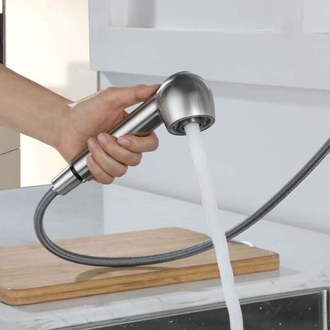 Doccetta estraibile per rubinetto da cucina con 2 getti, soffione di ricambio per miscelatore da cucina, nichel spazzolato. (1/4)