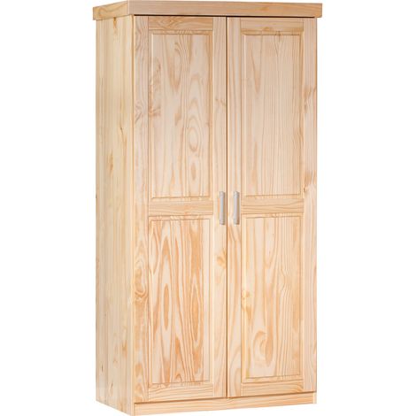 Dmora – Armoire deux portes en pin massif finition naturelle – Coloris chêne – Dimensions 95 x 190 x 55 cm – Étagère et tringle à vêtements intégrées (1/5)