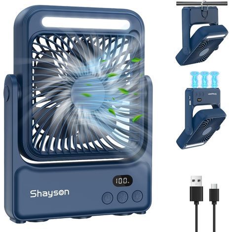 USB Desk Fan with Powerful Airflow and Quiet Operation, Camping Fan with 20000mAh Rechargeable Battery, 270° Rotation, Timer Mode, Hook (1/5)