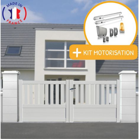 Portail aluminium battant semi-ajouré en kit + Motorisation dimensions L.3500 (entre piliers) X H.1300 mm SGS Essential (vérins) Couleurs Blanc (RAL 9010) (1/2)