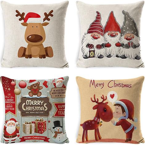 4 Housses Coussin Noel 45x45cm,coussin Taie D'oreiller Nol,deco Canap Taie D'oreiller,nol Dcoratif Canap En Coton Et Lin Nol Nol Dcoration (1/5)