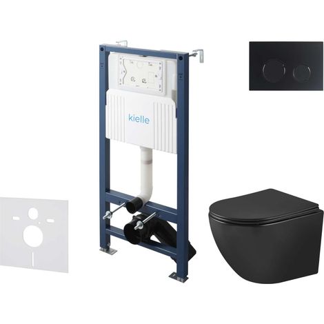 kielle Genesis New - Set bâti-support, WC Oudee, Vortex Rimless+, siège softclose et bouton-poussoir Gemini New II, noir mat 30528SS92